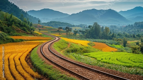 Wallpaper Mural High-angle view of agricultural fields with a railway line curving through golden and green crops. Torontodigital.ca
