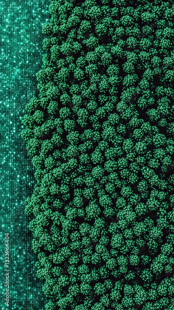 Obraz premium Abstract Digital Background Featuring Lush Green Foliage with Glowing Particles Creating a Mystical Atmosphere