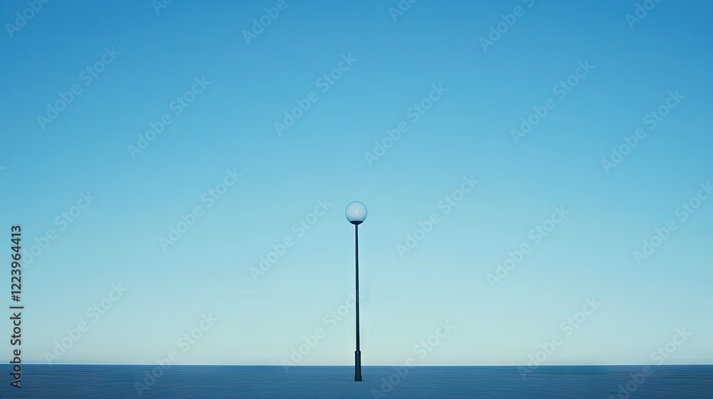 Street lamp with a globe-shaped bulb, centered against a vast expanse of a clear blue sky Street lamp with a globe-shaped bulb, centered against a vast expanse of a clear blue sky