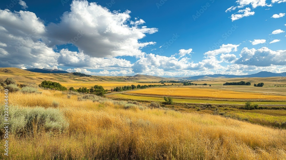 Fototapeta premium High-angle view of agricultural fields with a railway line curving through golden and green crops.