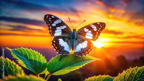 Stunning Silhouette Photography of the White Admiral Butterfly in Nature, Capturing the Beauty of Liminitis Camilla Against a Vibrant Sunset or Sunrise Background photo