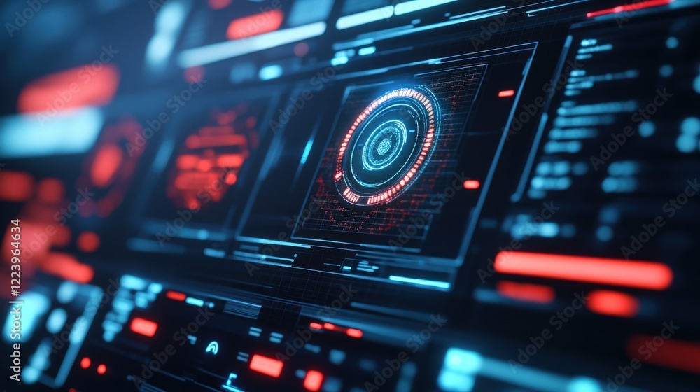 Obraz premium Futuristic Digital Interface with Neon Elements and Abstract Data Visualization in Blue and Red Glows