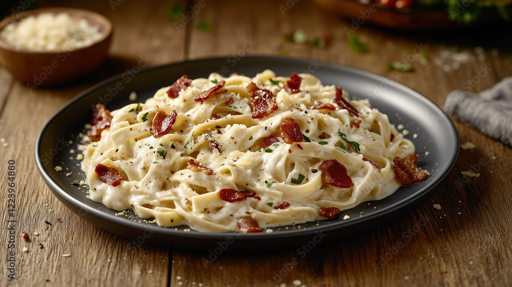 Close-up of a plate of creamy fettuccine alfredo garnished with crispy bacon, fresh parsley, and a sprinkle of parmesan Close-up of a plate of creamy fettuccine alfredo garnished with crispy bacon, fresh parsley, and a sprinkle of parmesan