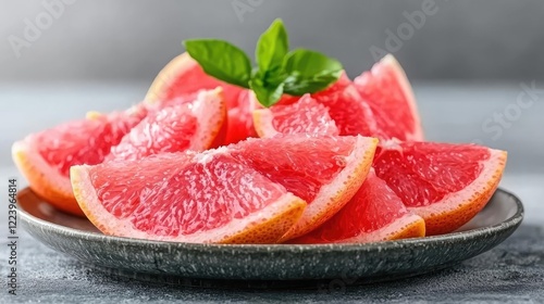 Juicy grapefruit slices on a plate, healthy food.  Use recipe, blog, cookbook