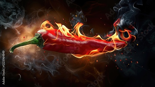 a red chili pepper on fire smoke rising,with black background photo