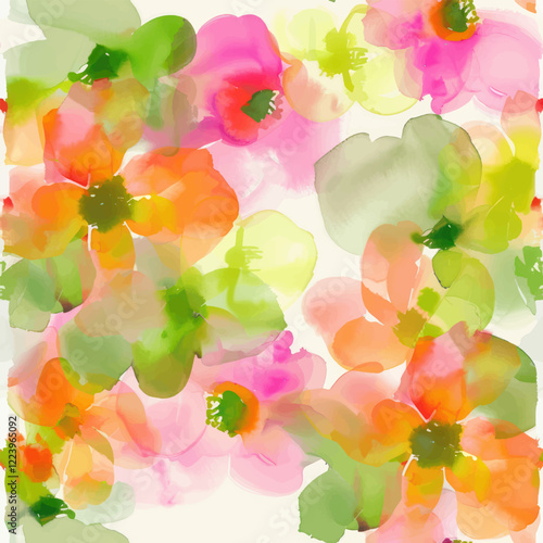Cute spring flowers pattern, with pink, orange, green, and yellow colors watercolor seamless pattern. Watercolor print in rustic vintage style, textile or wallpapers.
