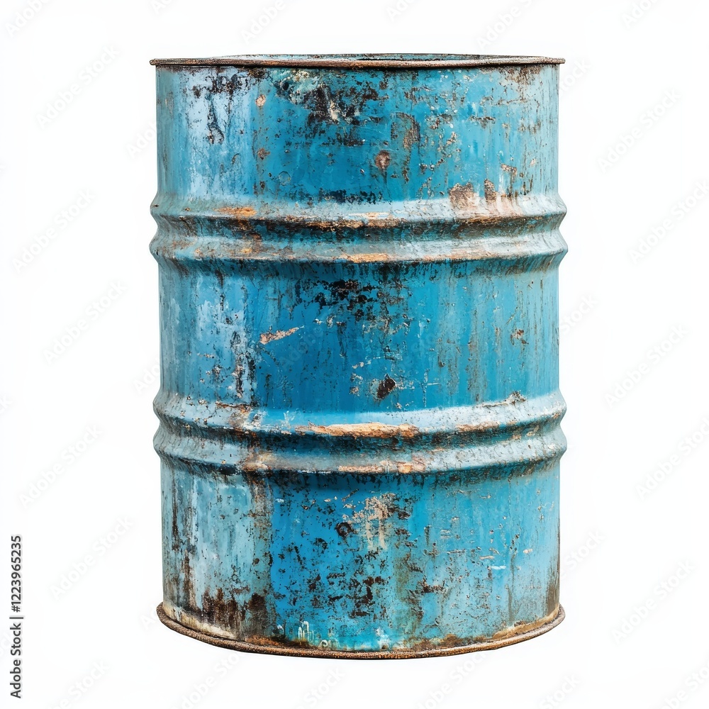 Weathered blue metal drum isolated on white. Weathered blue metal drum isolated on white.