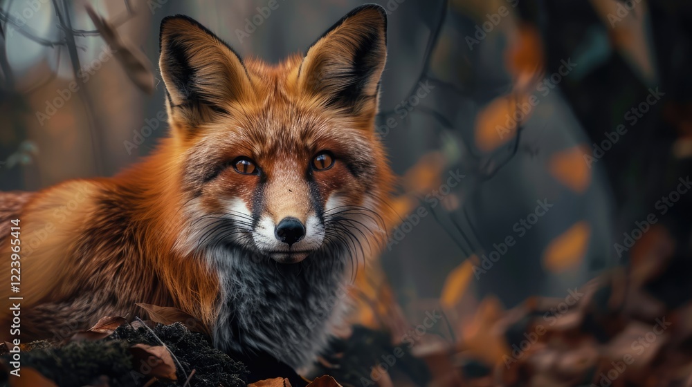 Fototapeta premium a fox in the forest close up looking at camera,background autumn