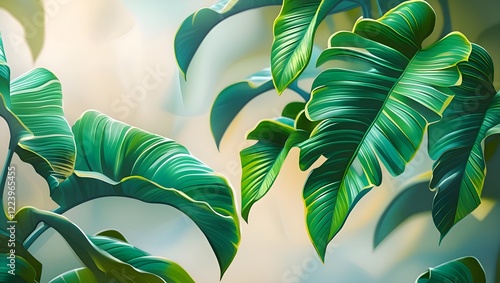 A vibrant, emerald green tropical leaf pattern with intricate veins and delicate edges, set against a soft, creamy blurred background that subtly gradates from pale beige to misty blue, evoking a sens photo