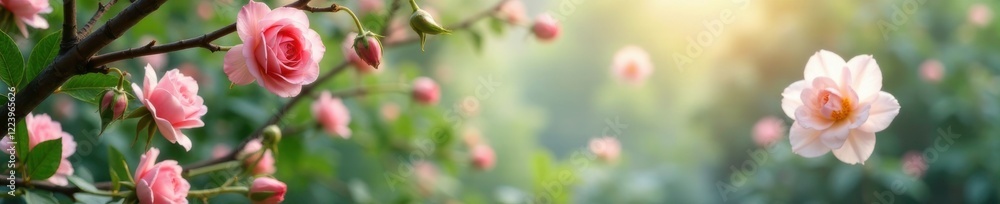 Soft pink roses and white lilies suspended in the air amidst branches, greenery, floral installation, nature Soft pink roses and white lilies suspended in the air amidst branches, greenery, floral installation, nature