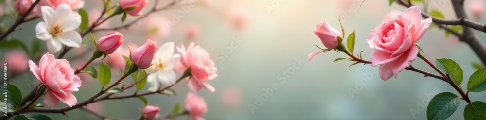 Soft pink roses and white lilies suspended in the air amidst branches, roses, , nature Soft pink roses and white lilies suspended in the air amidst branches, roses, , nature