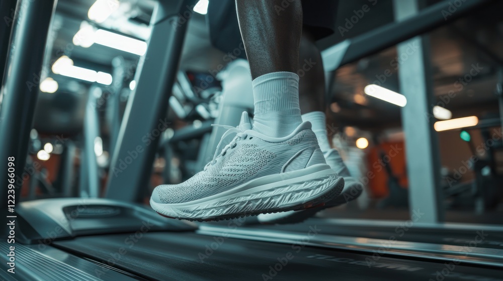 A close-up of a gym member using a treadmill, focusing on their athletic shoes and workout attire.