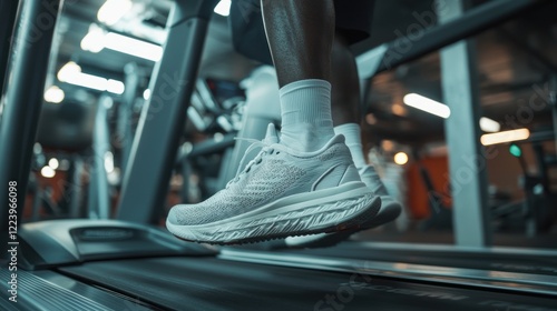 Obraz na płótnie A close-up of a gym member using a treadmill, focusing on their athletic shoes and workout attire. w salonie