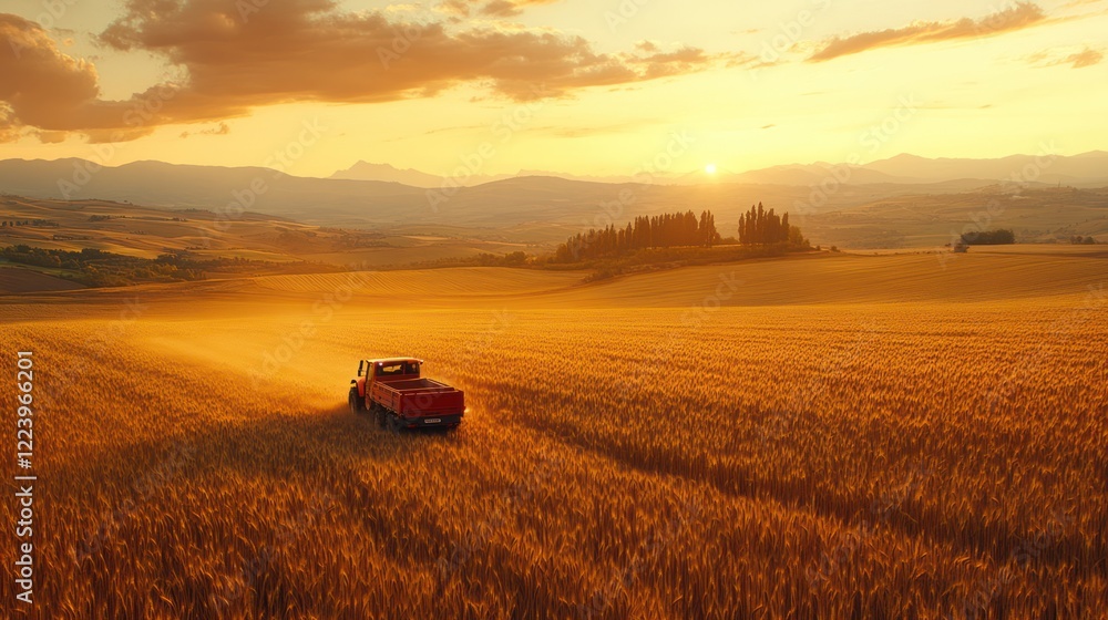 Fototapeta premium Red truck driving through golden wheat field at sunset.