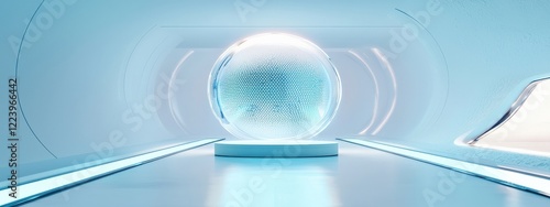 Wallpaper Mural Futuristic Transparent Sphere on Pedestal in Modern High-Tech Environment with Soft Blue Lighting Torontodigital.ca