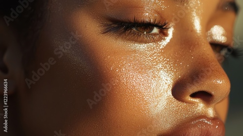 Obraz na płótnie A close-up of a person with glistening skin, radiating a healthy, dewy glow under soft natural light. w salonie