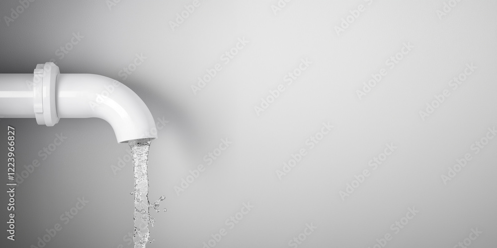 White pipe pouring water on white background with copy space White pipe pouring water on white background with copy space