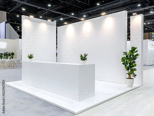 minimalist trade show booth featuring blank walls and plants, ideal for branding opportunities