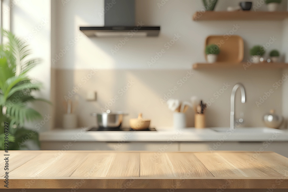 Wood table top on blurred kitchen background. can be used mock up for montage products display or design layout. 3d rendering. Wood table top on blurred kitchen background. can be used mock up for montage products display or design layout. 3d rendering.