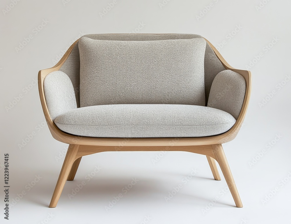 Light gray fabric armchair with light wood frame. Light gray fabric armchair with light wood frame.