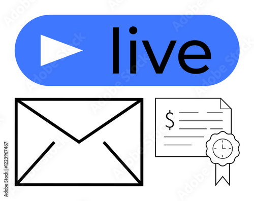 Blue live button, black outlined envelope, and financial document with seal. Ideal for digital media, online communication, finance, real-time streaming, education, certification remote work