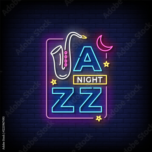 jazz night neon sign with brick wall background vector