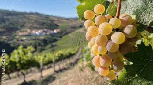 A close-up of ripe grapes hanging from vines on a hillside vineyard, surrounded by lush greenery