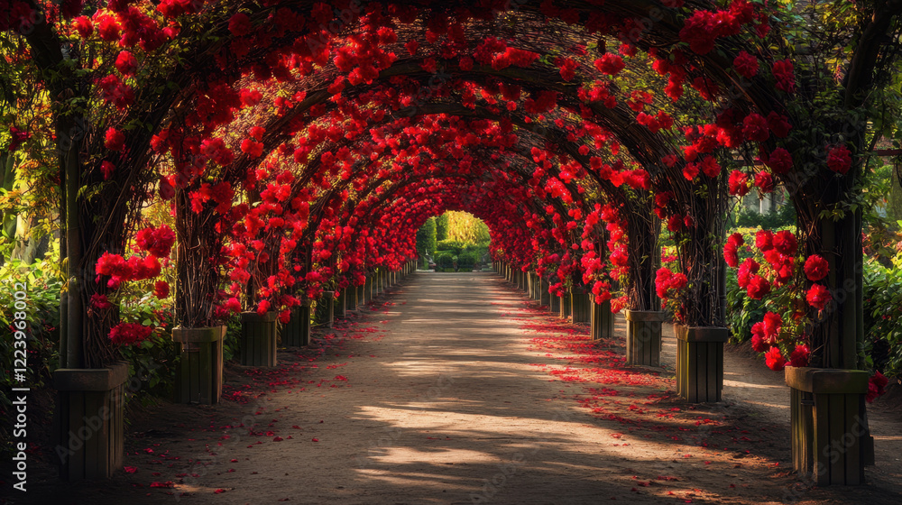 Fototapeta premium picturesque walkway adorned with vibrant red flowers creates stunning visual experience. arching structure enhances beauty of garden, inviting visitors to explore