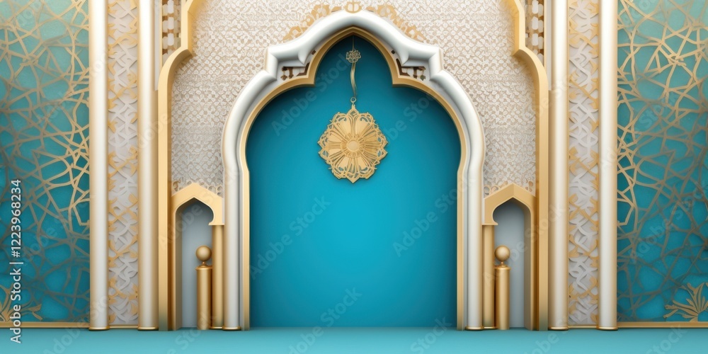 Elegant Islamic Architecture: Ramadan Festive Teal and Gold Archway Design Elegant Islamic Architecture: Ramadan Festive Teal and Gold Archway Design