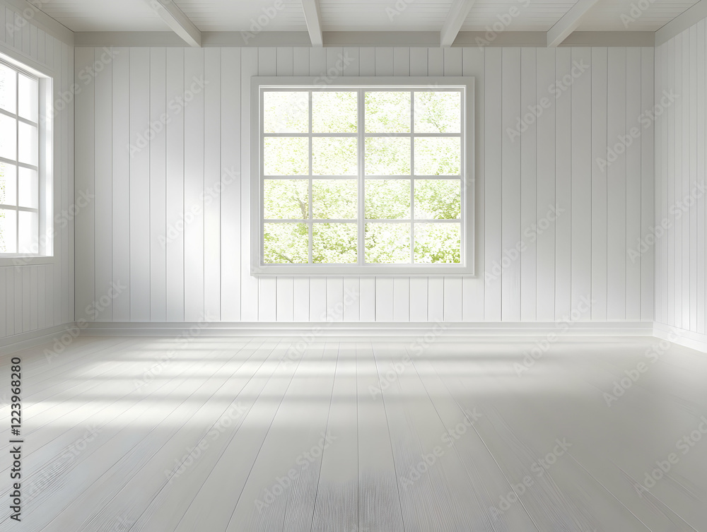 Obraz premium Empty white room, sunlight, trees. Home interior design
