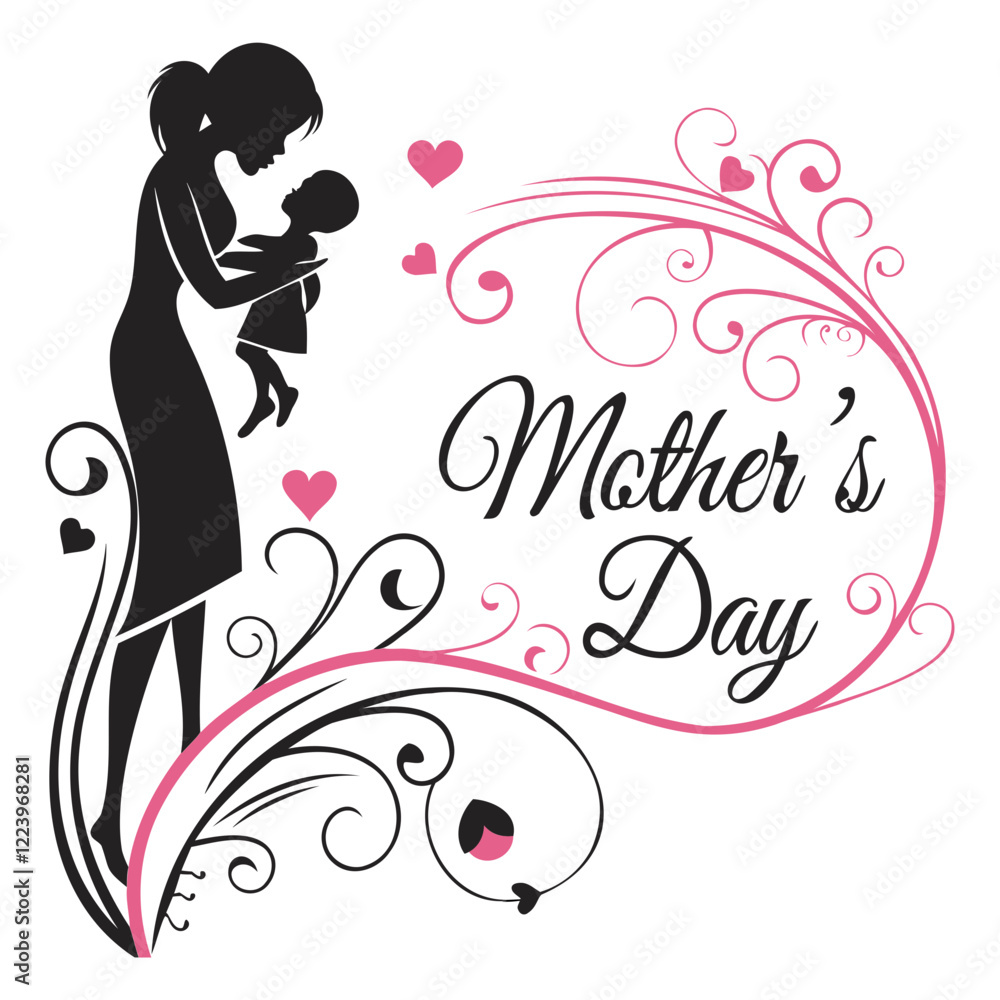 Naklejka premium Mother and child abstract illustration, minimalist line art, black and pink color on transparent background for Mother's Day Design