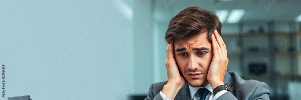 Stressed businessman in office with head in hands due to economic crisis and business failure, businessman, young Stressed businessman in office with head in hands due to economic crisis and business failure, businessman, young