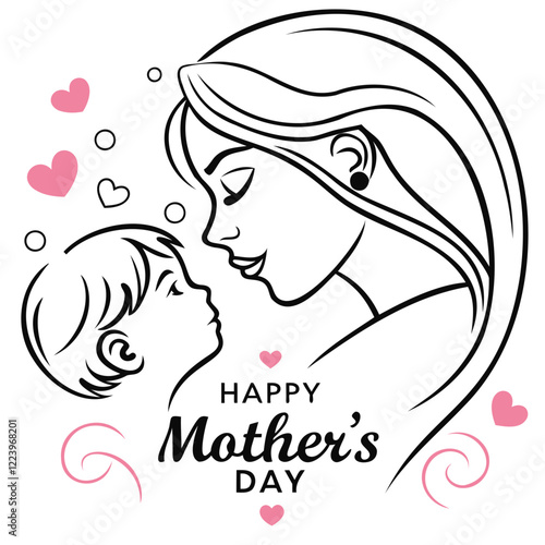 Happy Mother's Day greeting card vector illustration, heart symbols, cursive typography, isolated on a transparent background