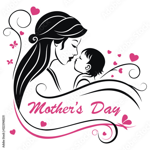 Happy Mother's Day greeting card vector illustration, heart symbols, cursive typography, isolated on a transparent background