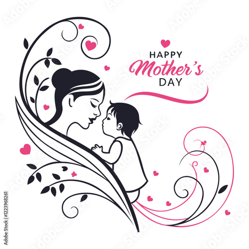 Mother and child abstract illustration, minimalist line art, black and pink color on transparent background for Mother's Day Design