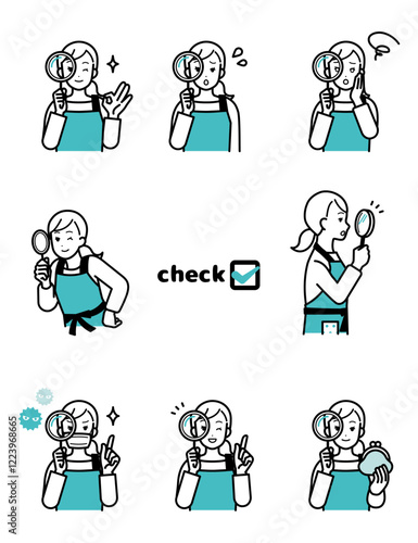 Illustration set of housewife holding magnifying glass.

