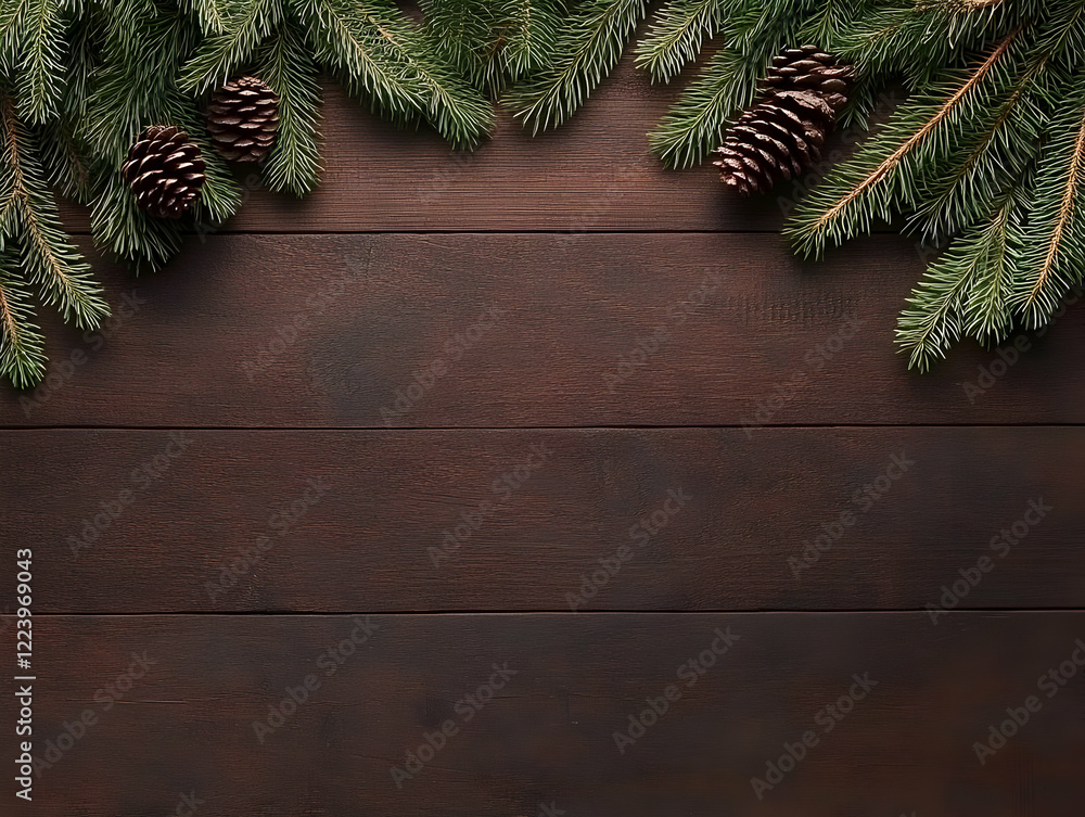 Festive fir branches, pine cones, wood Festive fir branches, pine cones, wood