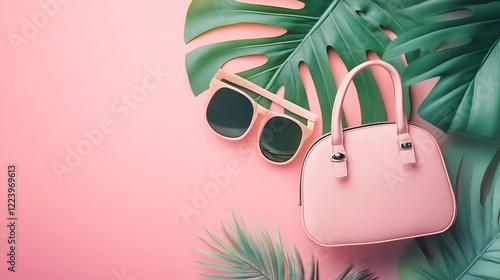 Summer fashion collage with handbag, sunglasses, and tropical leaf on flat lay photo