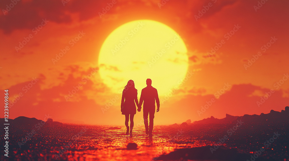 Silhouette of a couple walking on the beach at sunset symbolizing love connection tranquility and timeless beauty minimalistic bright tone with modern blurred aesthetics and blank caption space on the Silhouette of a couple walking on the beach at sunset symbolizing love connection tranquility and timeless beauty minimalistic bright tone with modern blurred aesthetics and blank caption space on the