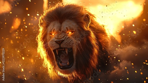 Fiery lion roaring, glowing eyes, sparks, dramatic lighting. photo