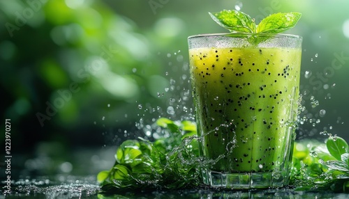 Refreshing Matcha Green Tea Milkshake Splash with Creamy Smoothie and Droplets photo