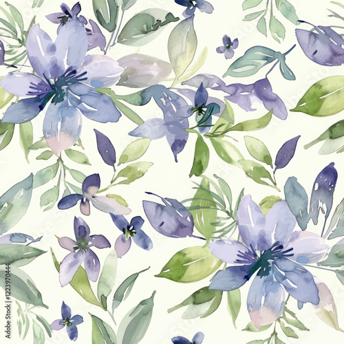 Cute  floral pattern, large purple and green flowers on a white background watercolor seamless pattern. Watercolor print in rustic vintage style, textile or wallpapers.
