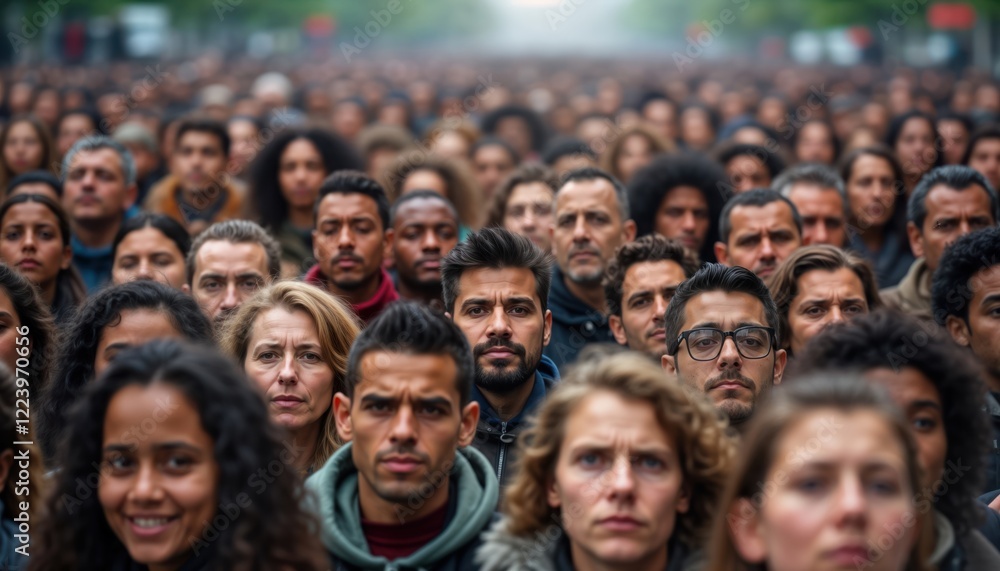Large diverse crowd stands facing camera. Multi ethnic, multi generational people fill frame. People look serious attentive. Appear to part of large public event demonstration. Outdoor setting in Large diverse crowd stands facing camera. Multi ethnic, multi generational people fill frame. People look serious attentive. Appear to part of large public event demonstration. Outdoor setting in