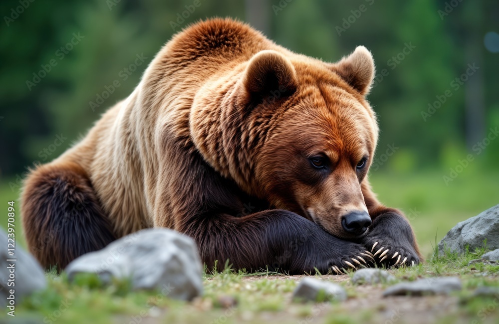Obraz premium Brown bear resting on ground in national park. Big bear with brown fur. Animal looking down. Forest background. Autumn colors. Wildlife photography. Powerful mammal. Closeup view. Bear after