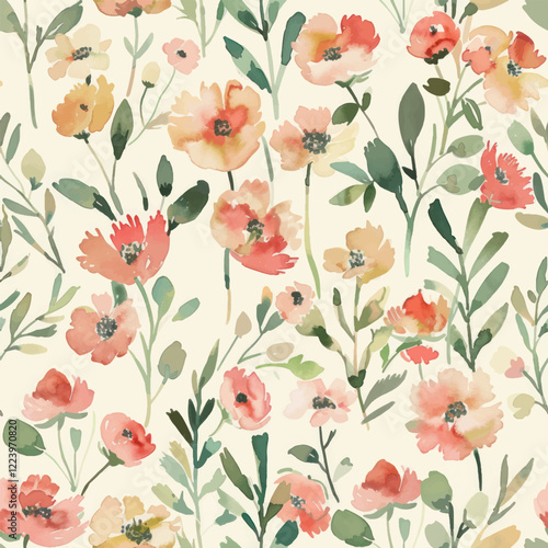 Cute  floral pattern, muted pastel peach and green tones on a cream background watercolor floral seamless pattern. Watercolor print in rustic vintage style, textile or wallpapers.