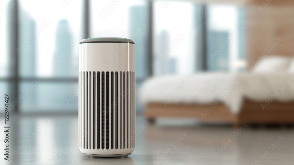 PM2.5 protect concept. Air Purifier in a Minimalist Bedroom with Clean White Lines PM2.5 protect concept. Air Purifier in a Minimalist Bedroom with Clean White Lines