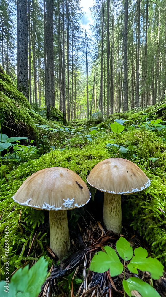 Forest path mushrooms moss sunlight Forest path mushrooms moss sunlight