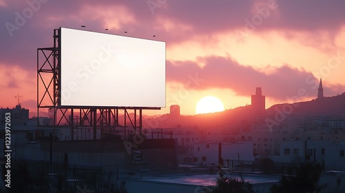 Blank billboard on the top of building at sunset photo