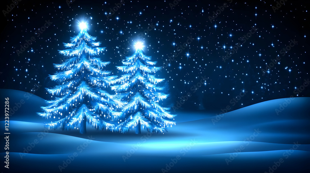 Glowing trees, snowy night, winter scene, holiday card Glowing trees, snowy night, winter scene, holiday card