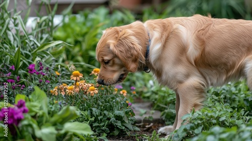 Obraz na płótnie A curious Golden Retriever puppy exploring the garden, sniffing the flowers. w salonie